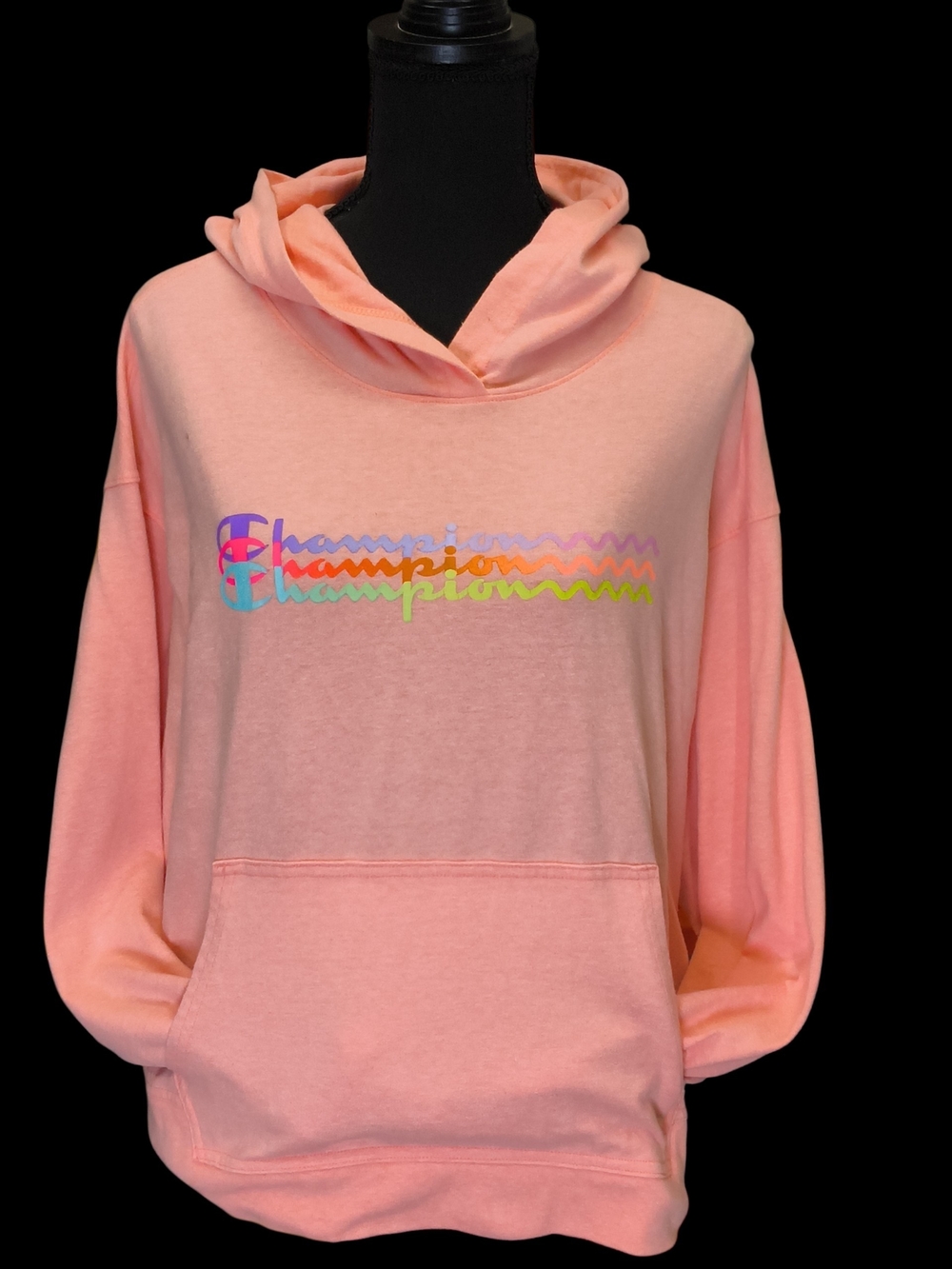 Champion Pink Peach Long Sleeve Hoodie with Rainbow Logo